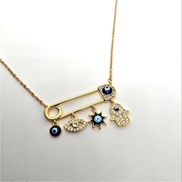 18k Gold Boho Evil Eye Safety Pin
Pendant Necklace - Picture 4 of 5